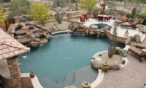 Shotcrete play pool and spa with rock waterfall